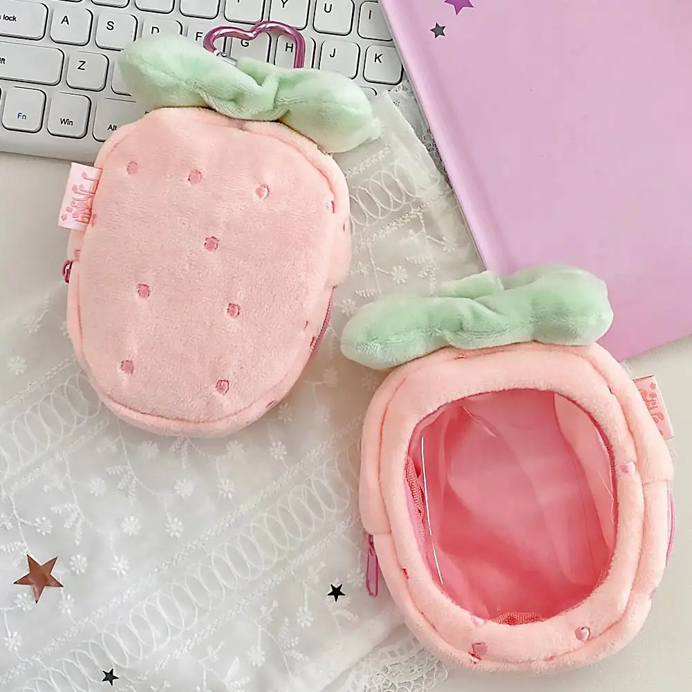 Pink Strawberry Plush Doll Bag Transparent Display Pouch 11cm Cotton Doll Carrier Cute Coin Purse Keychain Accessories