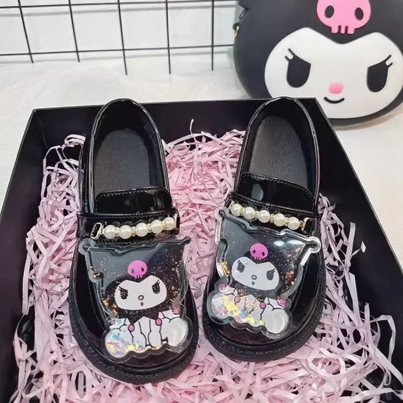 Doce kuromi anime sanrio ins kawaii sapatos de couro bonito dos desenhos animados crianças sapatos princesa sola macia presentes adoráveis para crianças