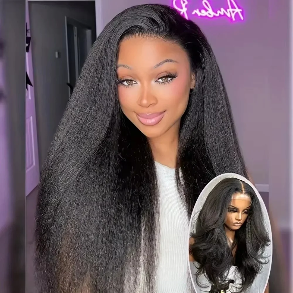 

5×5 Kinky Straight Glueless Lace Front Wigs Human Hair 220Density Ready to Wear Transparent Frontal Wig For Women Pre Plucked 1B
