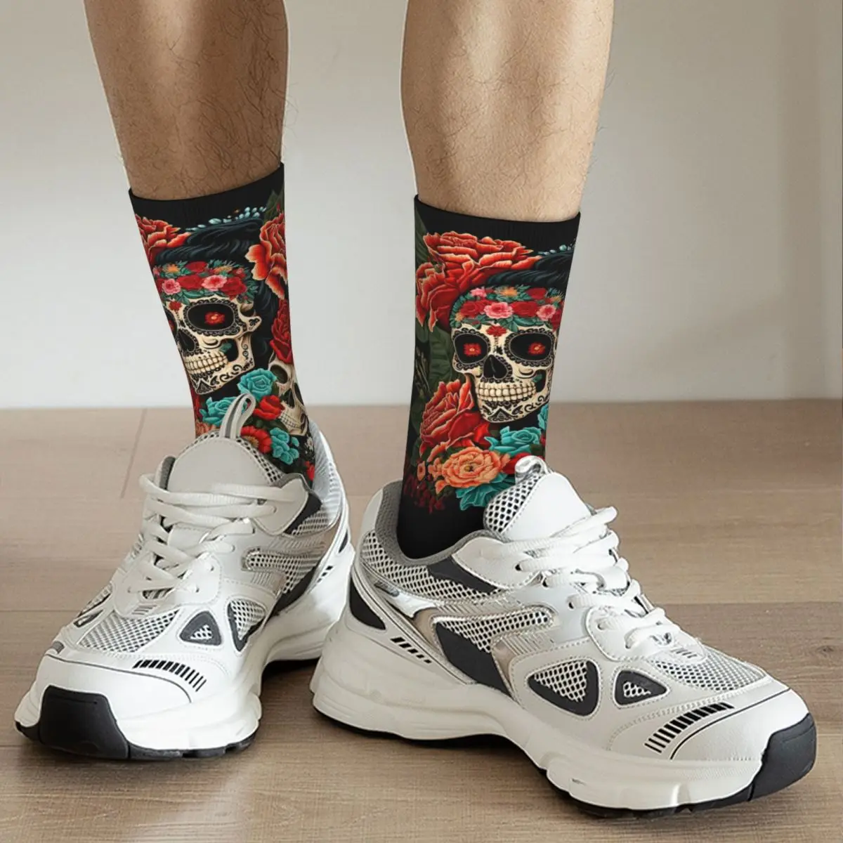 Autumn Winter Colorful Unisex Frida Mexican Artist Flowers Skull Socks Breathable Basketball Socks