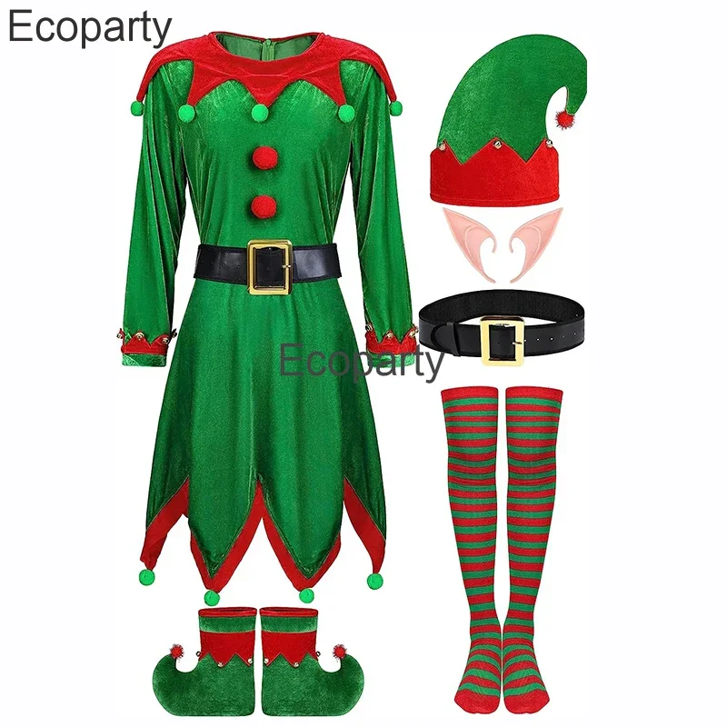 Costume de cosplay de père Noël de Noël pour femmes, tenues de fête de Noël du Nouvel An, robe verte, ceinture, chapeau, oreille d'elfe trempée, adultes et enfants, 2023