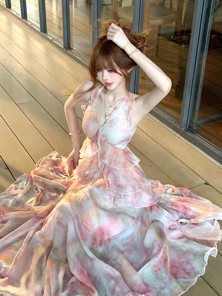 floral fashion summer dresses korean Summer Women Korean Fashion Dress Girl Fairy Gentle Temperament Strap Dress