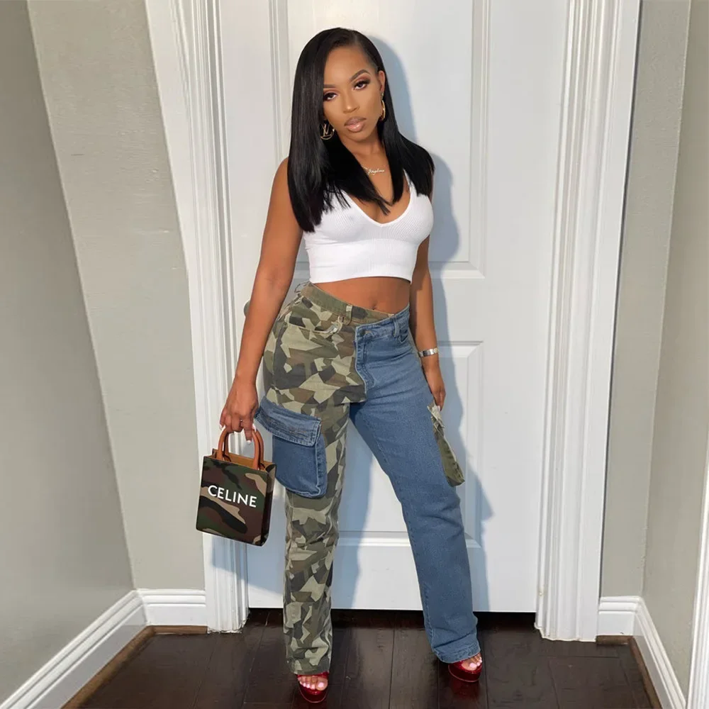 

Повседневная модная тенденция контрастного цвета, новая женская одежда с карманами, джинсы, джинсовые брюки