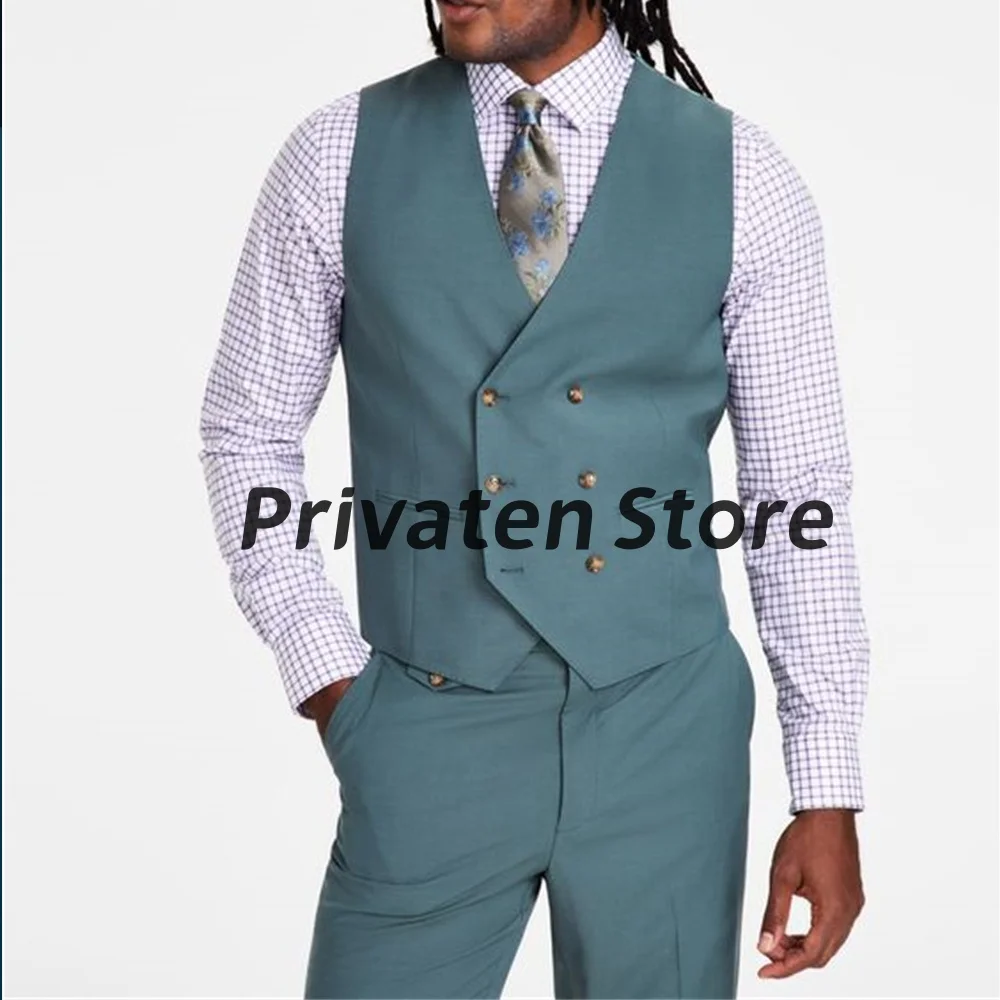 Men Suits High Quality 2024 Slim Fit Set 2 Pieces V -Neck Double-Breasted Turquoise Green Male Casual For Wedding Vest & Pants