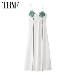 TRAF Print Slip Midi Dress Woman White Ruched Long Dresses for Women Beach Summer Dress Woman 2024 Sexy Backless Dress Women