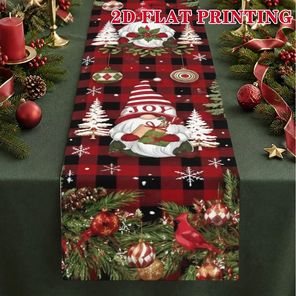 Linen Table Runner Off White with a Christmas Raccoon in Santa Hat  Lights Playful Holiday Table Decor