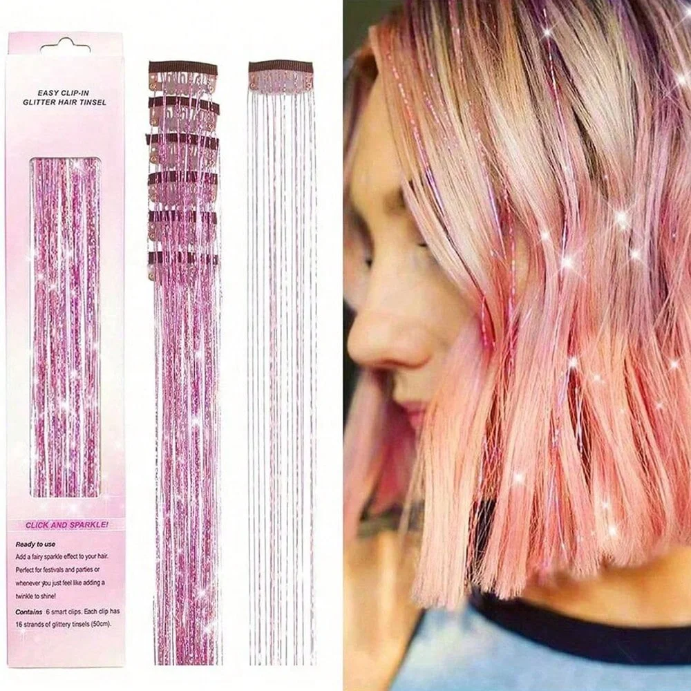 12Pcs Hair Tinsel Clip In 19.7" Glitter Tinsel Hair Extensions Synthetic Clip In Sparkle Hair Accessories For Kids Girls Women
