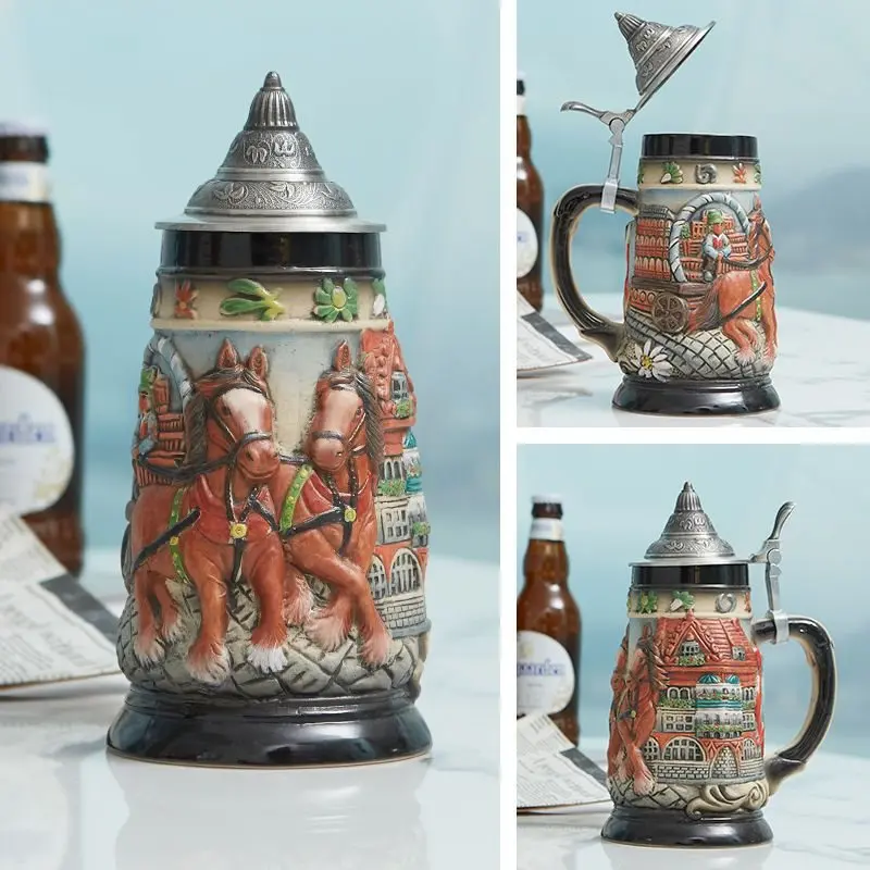 

800ml German Beer Mug with Lid Germany Engraved Hunting Life Tankard Beer Stein for Men's Dad's Gifts