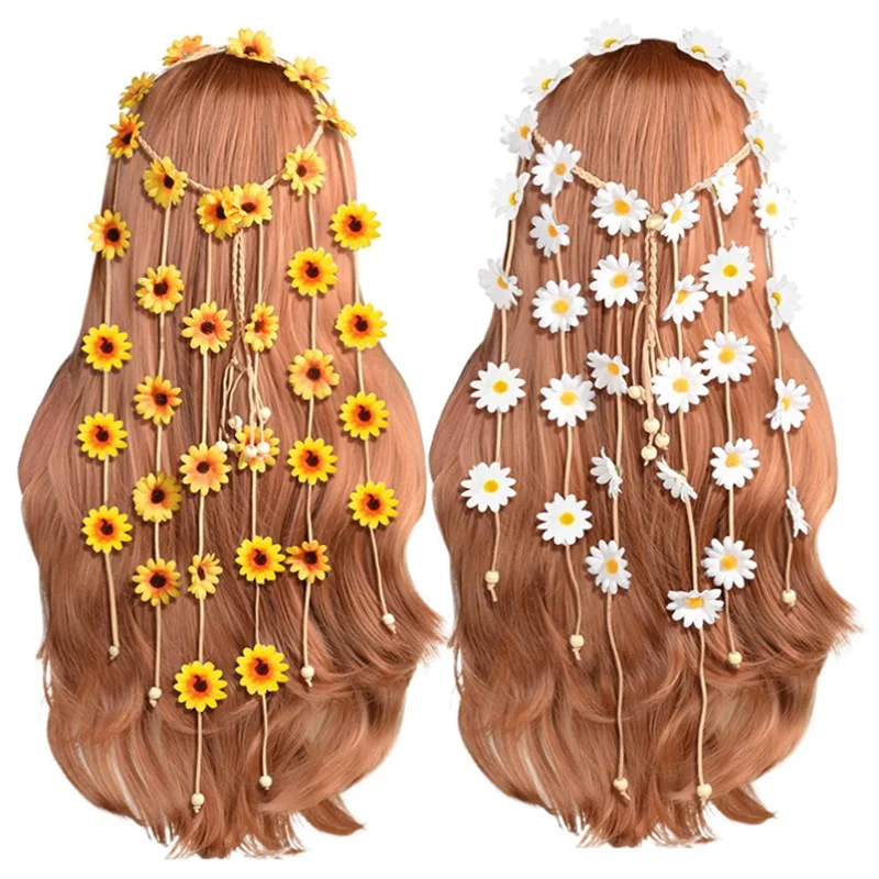 

2Pcs Flower Hippie Headband Floral Crown Summer Sunflower Hair Accessories For 70 S Bohemian Costumes Style