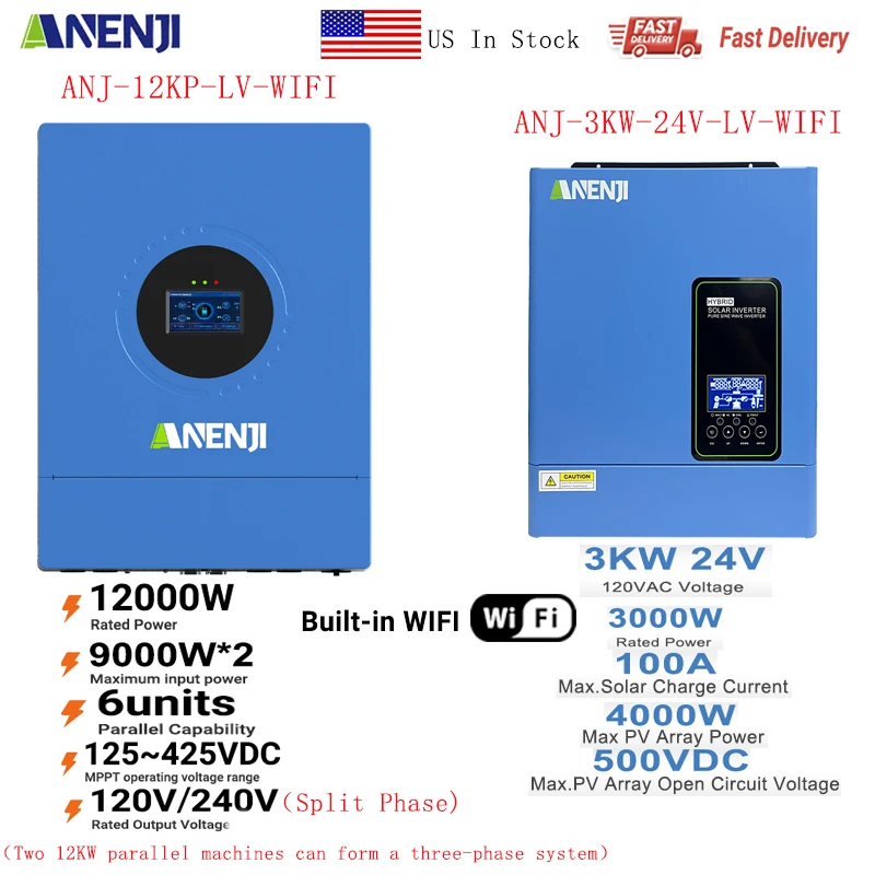 12KW 48V Split Phase Hybrid Solar Inverter 120V/240V 110Vac 3KW 24V Off Grid MPPT Pure Sine with 100A 220A Solar Charger PV 500V