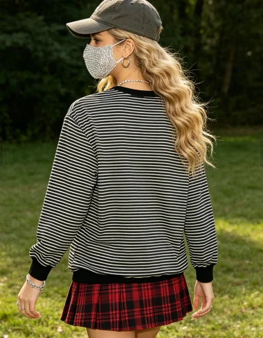 Striped Long Sleeve Crew Neck T-Shirt, Women's Loose Fit Casual Everyday Wear view 4