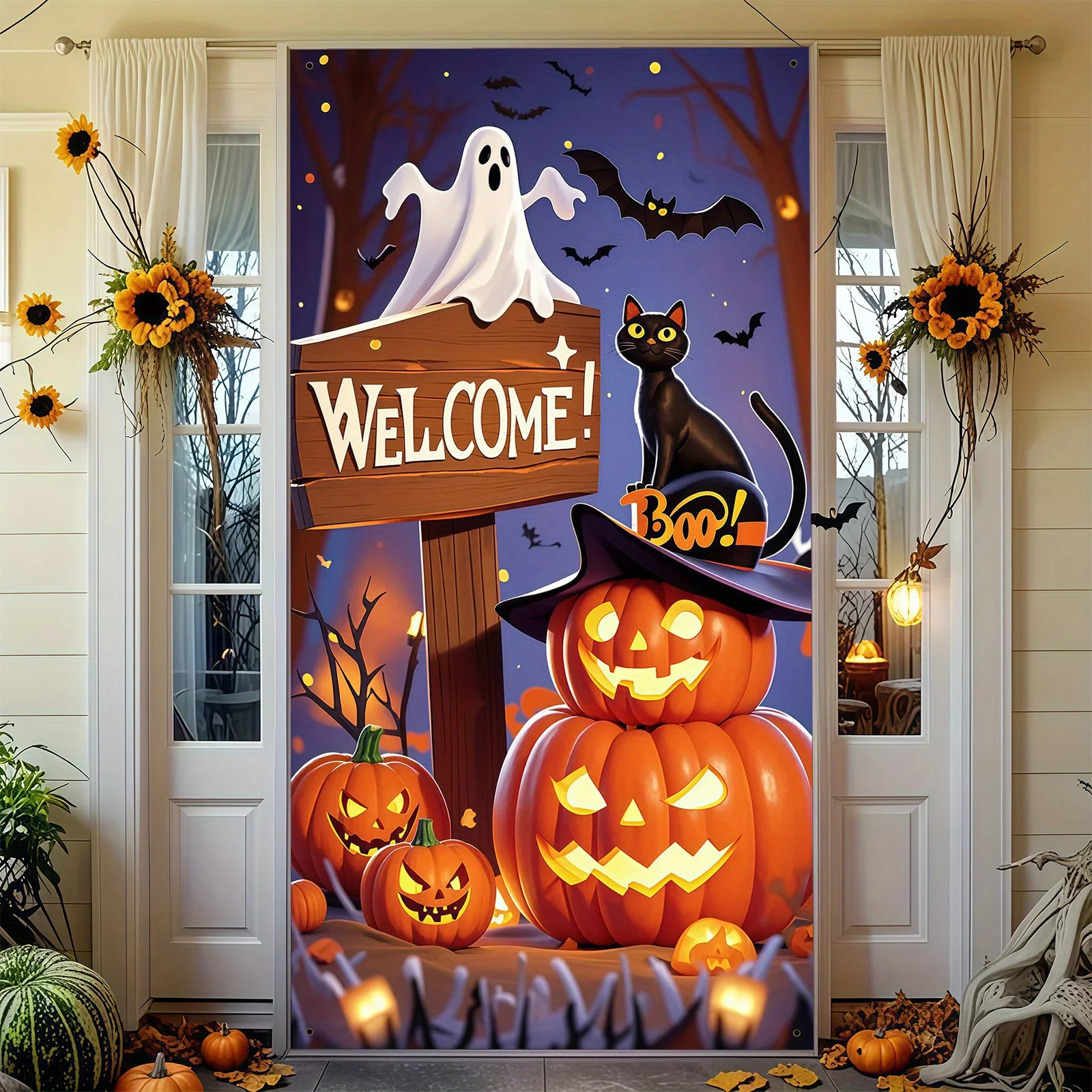 โลโก้ปาร์ตี้ฮาโลวีน 1 ชิ้นพร้อมดีไซน์ที่มีลักษณะเป็นฟักทอง แมวดำ และผี ของตกแต่งฮาโลวีน