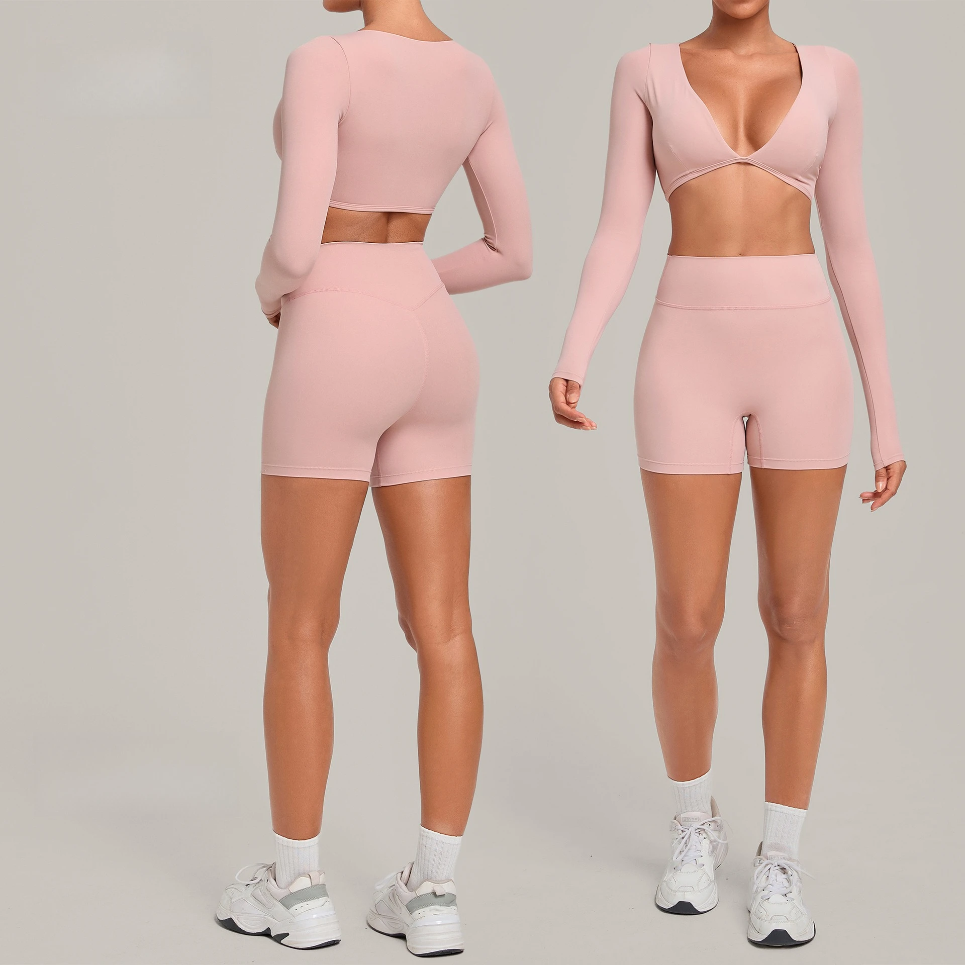 Women Tight-fit Long Sleeve Yoga Sets High-waisted Butt-lifting Shorts Quick-dry Activewear Winter Outdoor Running Sports Suits