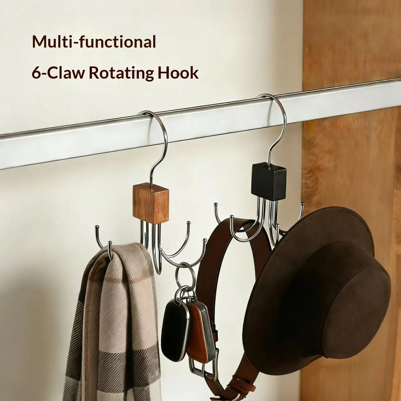 1pc Solid Wood Rotatable 6‑Claw Hanger, No‑Drill Multi‑Purpose Storage Rack for Ties Scarves Hats Bags