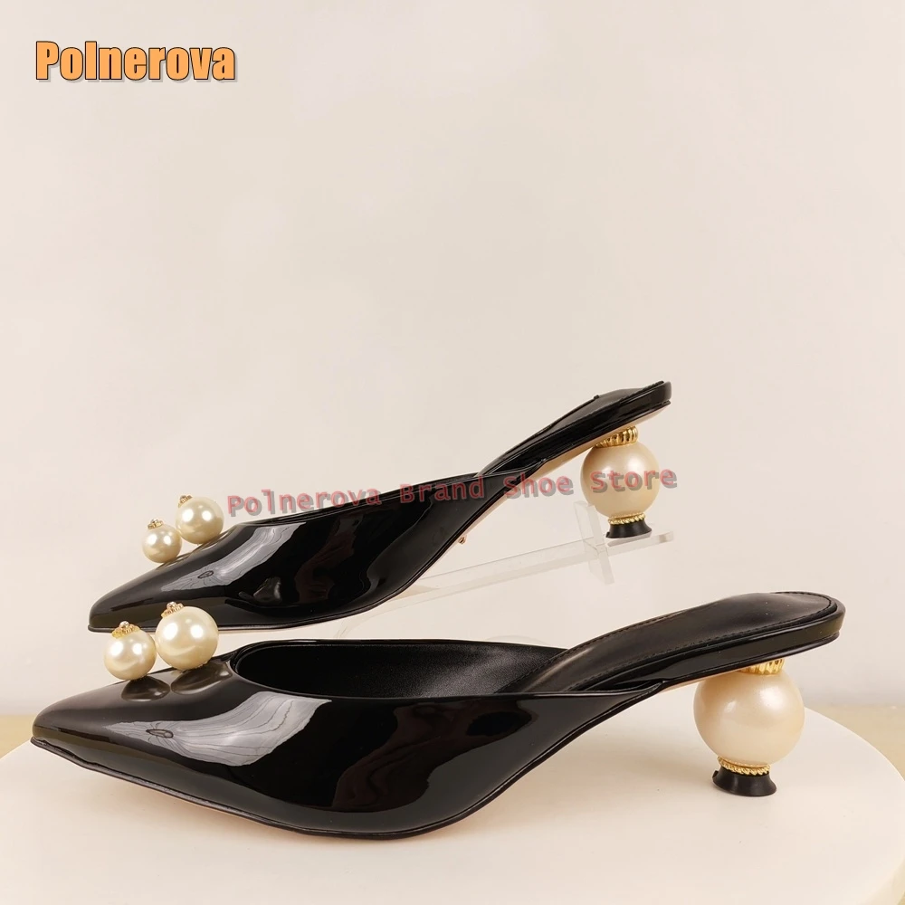 

Роскошные женские элегантные модельные тапочки из лакированной кожи без шнуровки с черным жемчугом и острым носком, 2023 г.