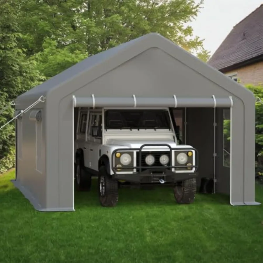 Carport for truck, boat, tractor: heavy duty gray steel frame with portable design and 4 roll-up windows