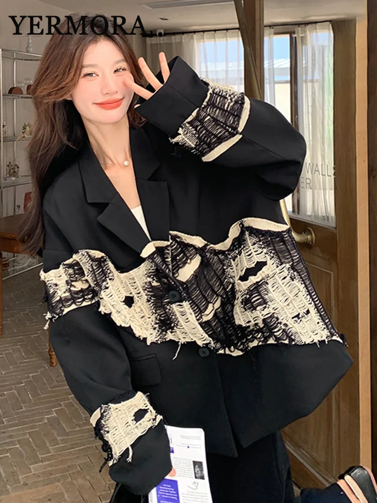 YERMORA Women Black Knit Spliced Big Size Irregular Blazer New Lapel Long Sleeve Jacket Fashion Tide Spring Autumn 2024