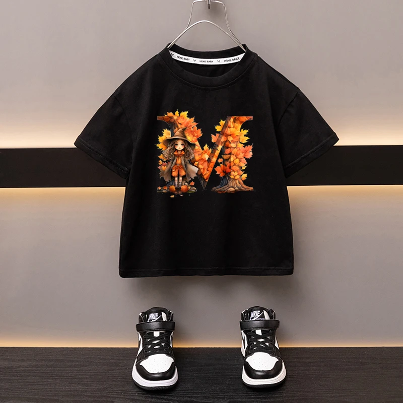 Maple Leaves Letter M Children T-shirt Kawaii Clothes for Girls T Shirt Anime Cartoons Casual Kid Boy Short Sleeve Tops New 2024