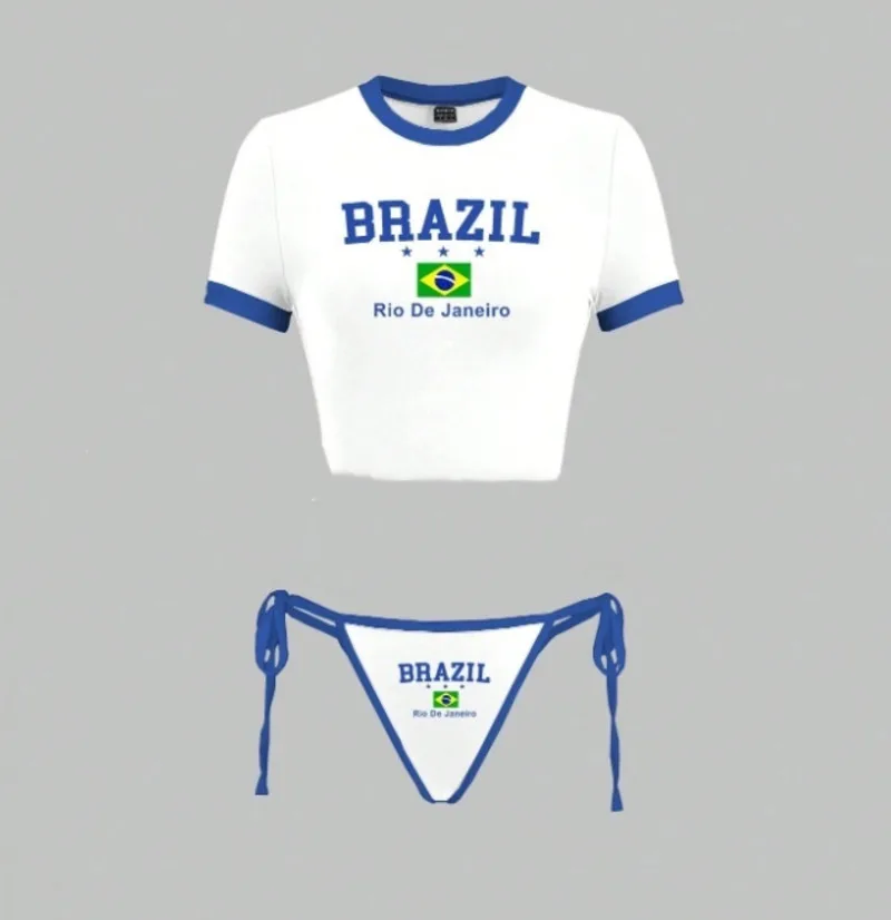 

Пляжные укороченные топы с бразильским буквенным принтом и вышивкой, шорты на шнуровке Y2k, комплект из 2 предметов, уличная женская летняя пляжная одежда