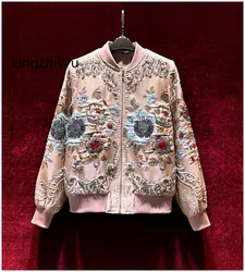 LingzhiWu Jacquard Jacket Vintage Handmade Beading Luxury Stand Collar Coat Outerwear Top Quality Spring Autumn New Arrive