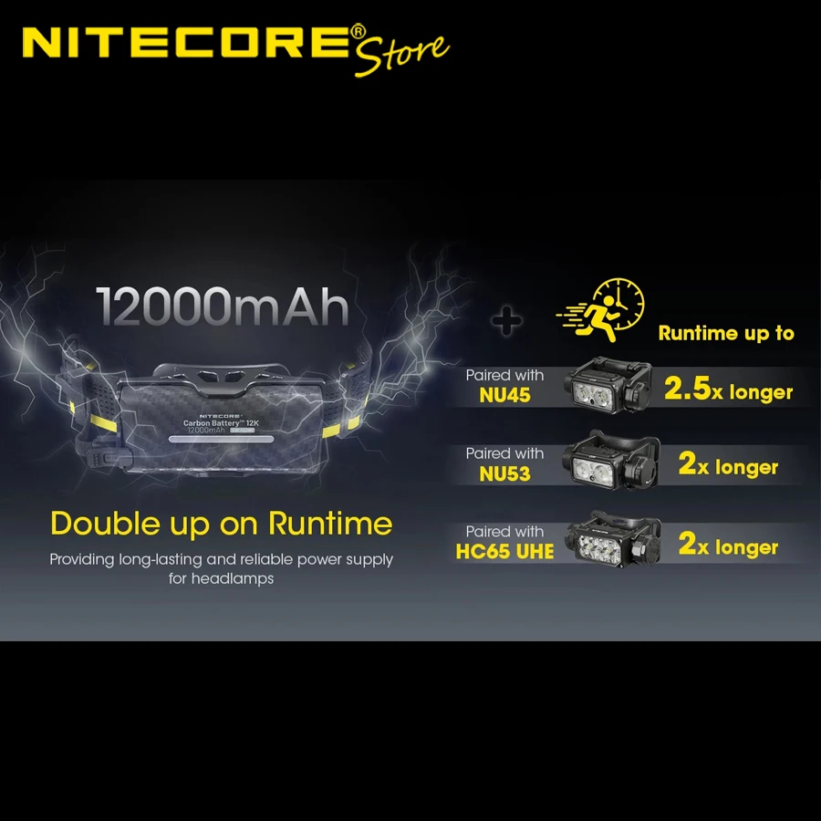 High Capacity 12000mAh Power Bank NITECORE 12K Headlamp Runtime Extended Battery Kit