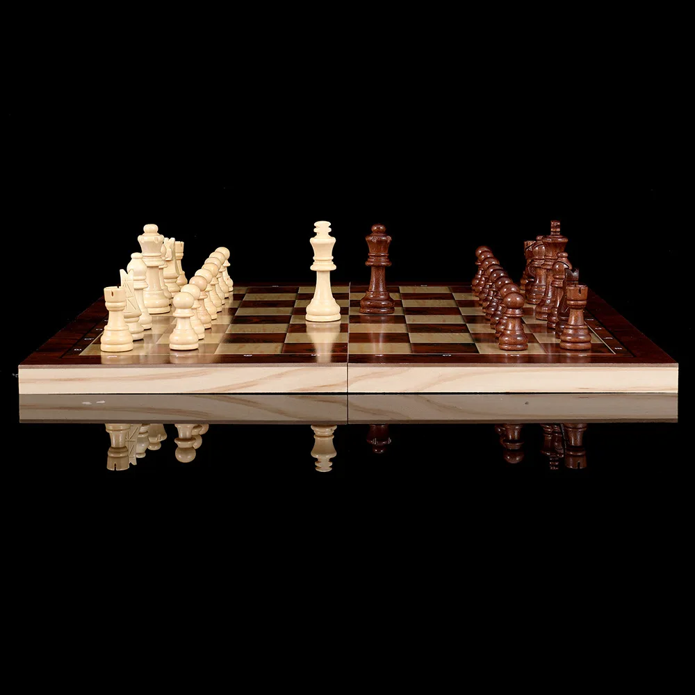 Newest Hot Foldable 3 in 1 Wooden Puzzle Chess Game Toy Chess Backgami Checkers Western Chess Set 24/29/34/39/44CM