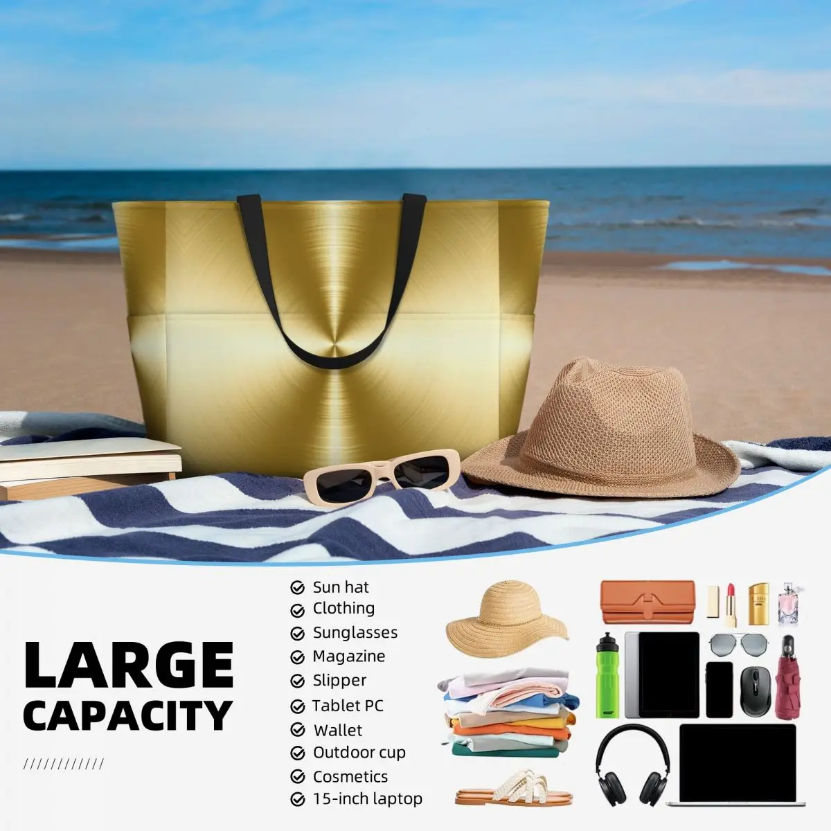 نحى الذهب شعاعي معدن حقيبة حمل على الشاطئ الرياضة رياضة اليوغا واق من المطر كبير حمل حقيبة المرأة حقيبة سفر حقيبة اللياقة البدنية