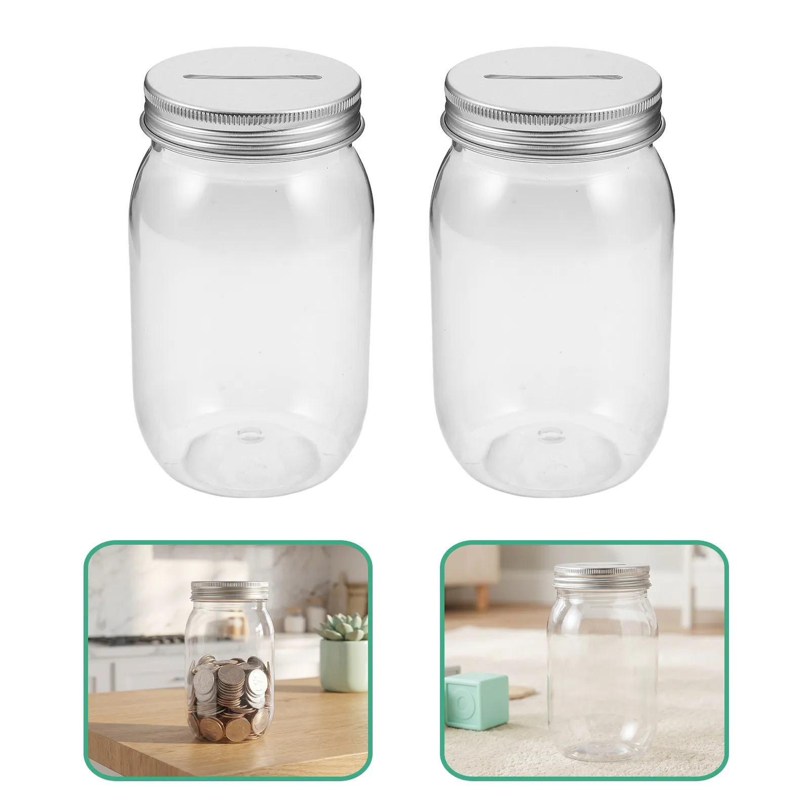 4Pcs Transparent Coin Money Jars Clear Plastic Savings Pot Silver Slot Lid Mason Jar for Home Classroom Office Storage
