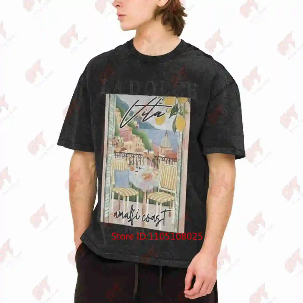 La Dolce Vita Coastal Landscape Painting Italy Vintage Washed Tee Pure Cotton T-Shirt
