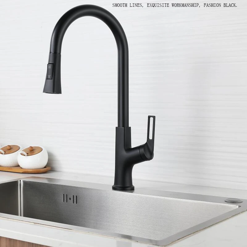 

Black Pull-out Kitchen Faucet 360 Degree Rotation Double Mode Outlet Water Single Hole Sink Dishwashing Basin Dishwashing Basin