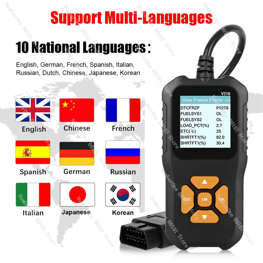 V318 OBD2 Scanner color screen supports 10 languages, car fault diagnosis instrument