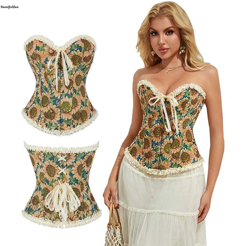 

Front Busk Closure Back Lace Tight Bustier Sunflower Print Lace Trimmer Boned Corset Rufffled Vintage Corselet Plus Size Xs-xxl