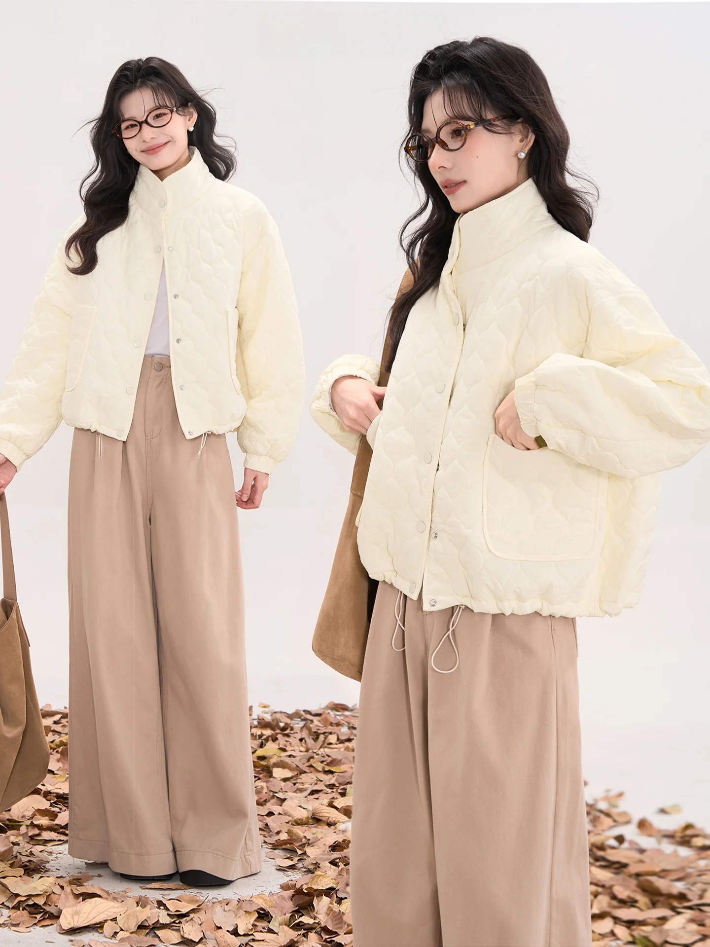 

Heme Star Concerto Wave Pattern Thin Cotton Jaet Women's Casual Stand Collar Winter Coat Korean Sle Straight Tube pe