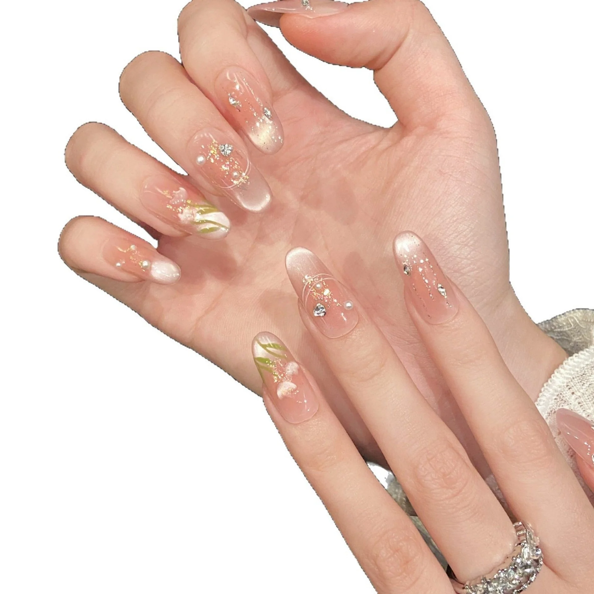 10 Stück mittellange ovale Tipps zum Aufdrücken der Nägel, Katzenauge, französische künstliche Nägel, Kunst-Strass-Design, falscher Nagel, abnehmbare Maniküre-Sets