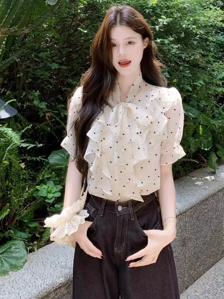 Polka Dot Women Blouses 2026 Blusas Mujer De Moda Korean V Neck Bandage Vintage Shirts Fashion Single Breasted Ruffled Blouse
