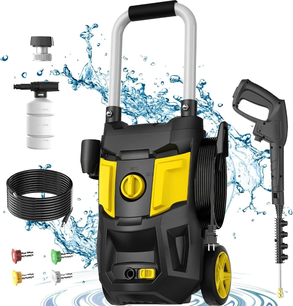 

1100PSI Power Washer with 20FT Hose, 35FT Power Cord, 4 Nozzles, Foam Cannon & Spray Gun, for Car, Patio, Garden, Fence (Yellow)