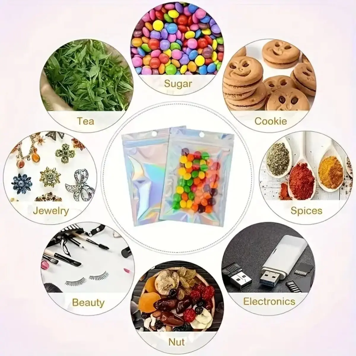 100-piece holographic bag, multi-size laser rainbow pattern self-sealing bag, suitable for candy bag and front window samples