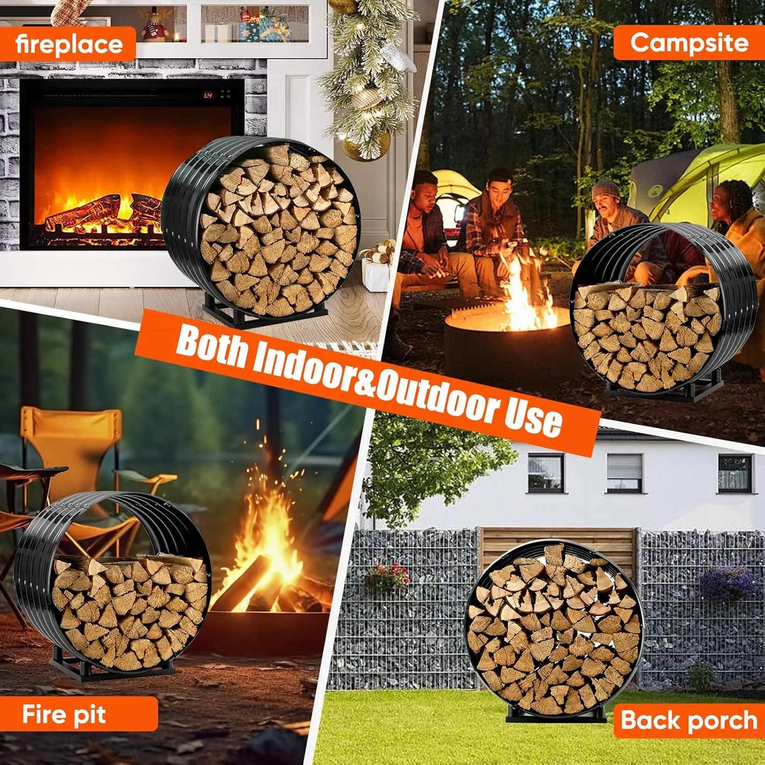 Indoor & Outdoor Galvanized Steel Firewood Rack with Cover, 400Lbs Capacity, Waterproof