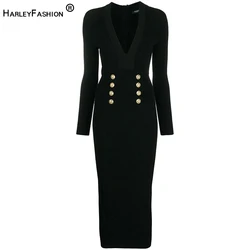 Women Winter Sheath Elegant Midi Knitted Dress Sexy V-neck Long Sleeve Top Quality Wool Blend Warm Design