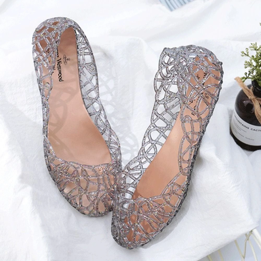 캐주얼 플랫솔 여성 샌들, 속이 비치는 투명 비치 젤리 슈즈, 얕은 앞코 통기성 블링 샌들 풋웨어