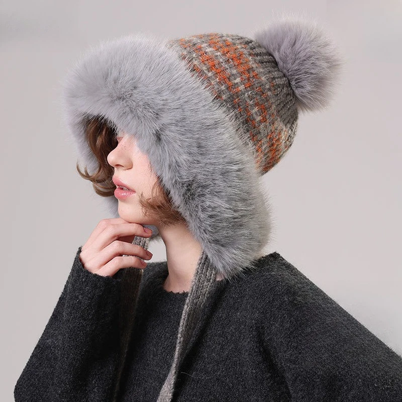 Korean Fashion Winter Jacquard Big Fur Collar Hairball Knitted Hat Girls Outdoor Windproof Face Snow Hat Hairball Hat