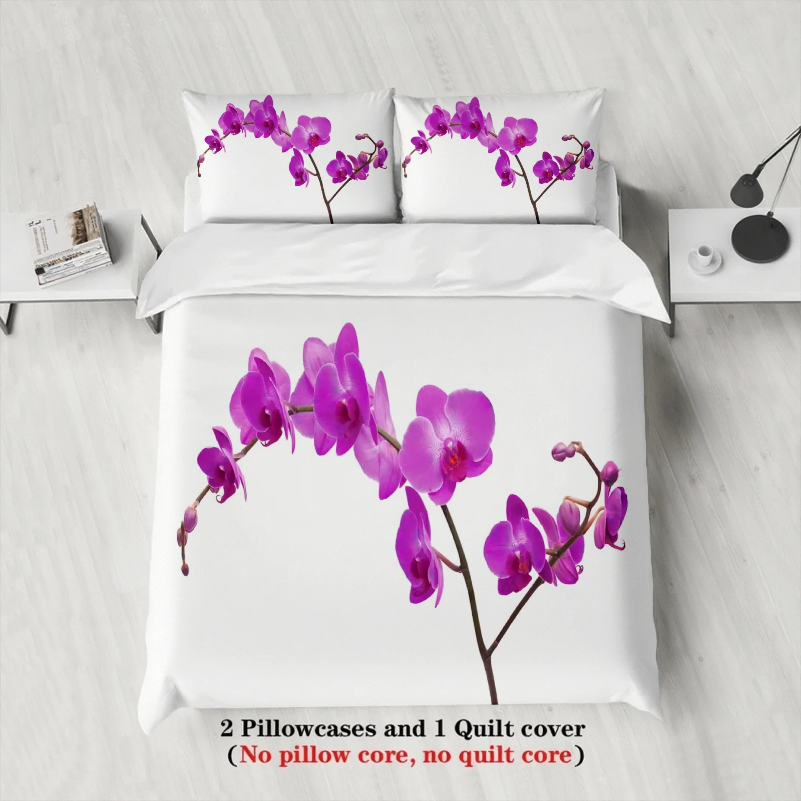 Orchid Flower Bedding Set Purple White Botanical Duvet Cover Set With Pillowcases For Nature Lovers Bedroom Twin Queen King Size