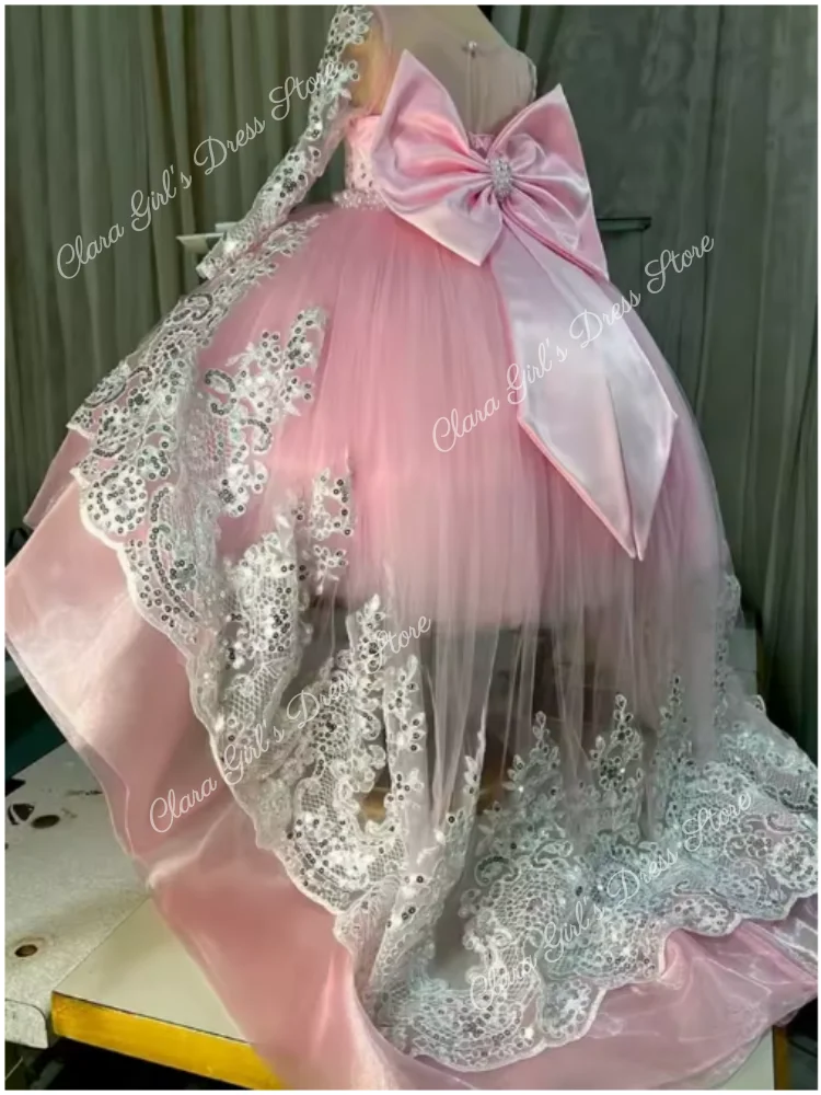Robe à fleurs rose pour filles, avec des Appliques florales à paillettes, avec nœud, manches longues, pour mariage, anniversaire, bal, robe de sainte Communion