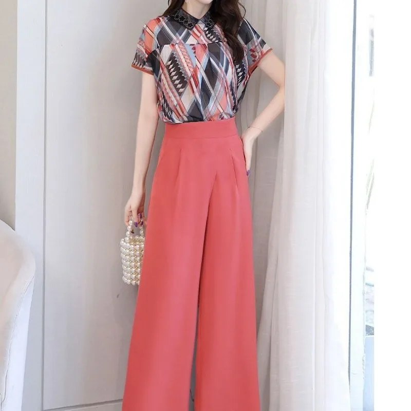 Women\'s Pullover Patchwork Lace Printed Short Sleeve Chiffon Tops Summer New Solid Wide Leg Pants Slim Fashion Two-piece Sets