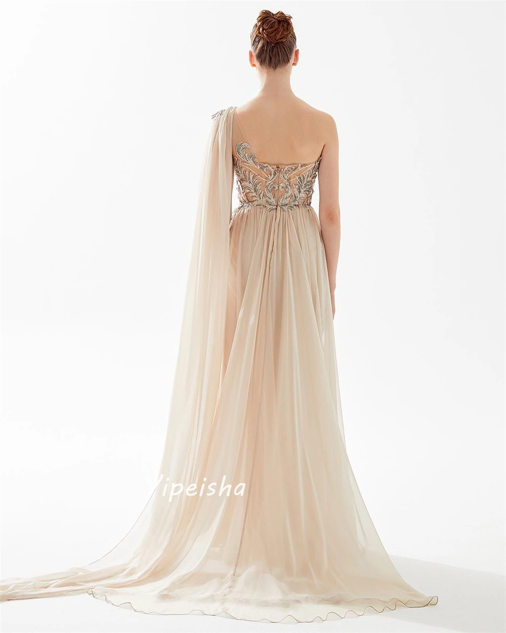 Yipeisha Mode Hoge Kwaliteit Een-Schouder A-Lijn Applique Gedrapeerde Vloer Lengte Rokken Chiffon Prom Jurken