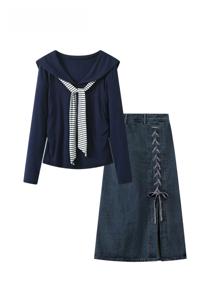 

Cara CLUB plus Size College Sle Set Dr Women Spring Navy Collar Long Sve T-irt Denim Skirt Loose Fit Polyester...