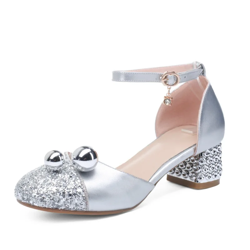 Principessa bambini scarpe in pelle ragazze sandalo dolce perla Casual Glitter bambini tacchi alti ragazze partito scarpe da ballo rosa oro argento