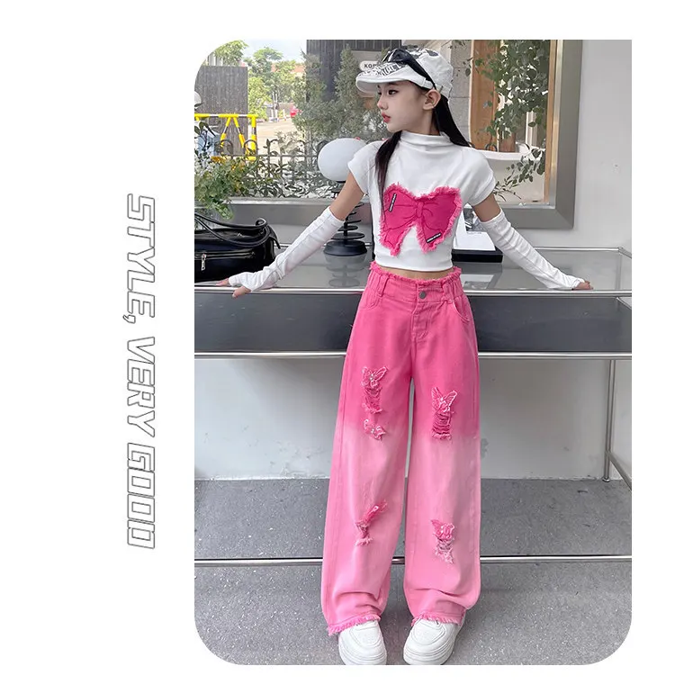 Teenager-Mädchen Hip-Hop-Streetwear-Kleidungsset mit abnehmbaren langen Ärmeln, Schmetterlings-T-Shirt, Farbverlauf- und zerrissenen Jeans, 2-teiliges Mode-Outfit – Detail 6