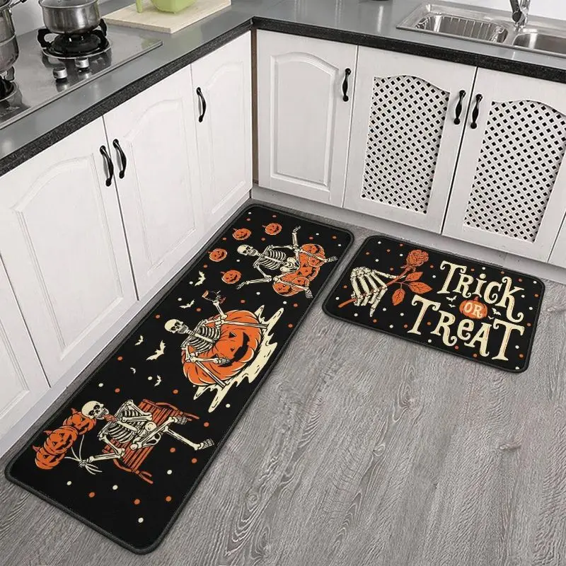 VIKAMA Halloween Kitchen Mat Set Black Cat Pumpkin Boo Funny Non Slip Runner Entryway Floor Spooky Decor Washable Durable Unique
