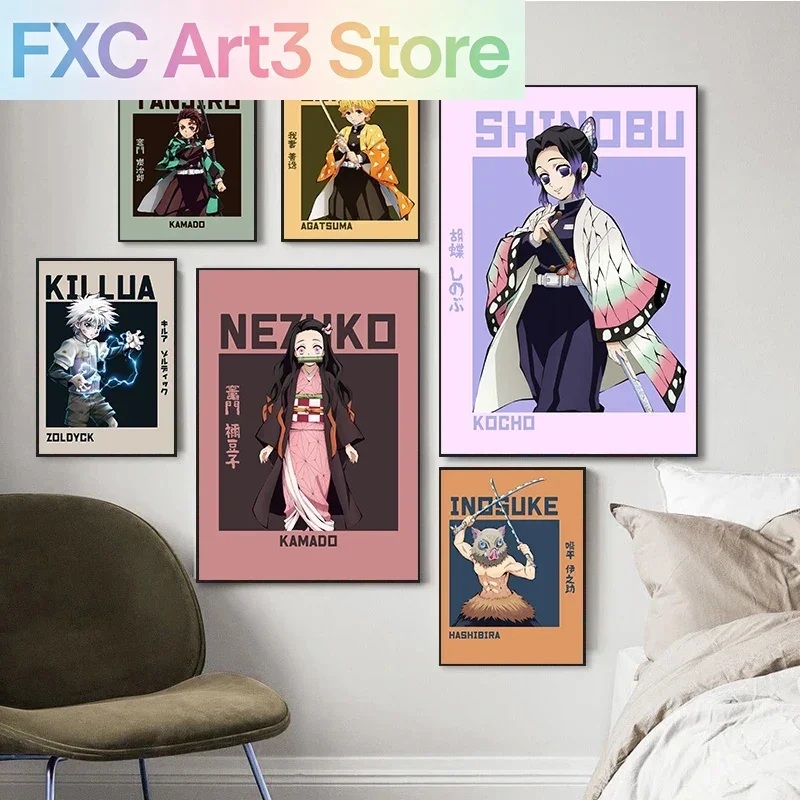 Frameless,Japanese Anime Classic Character Poster Demon Slayer Cartoon Figure Print Canvas Painting Kawaii Room Decor Wall Art P